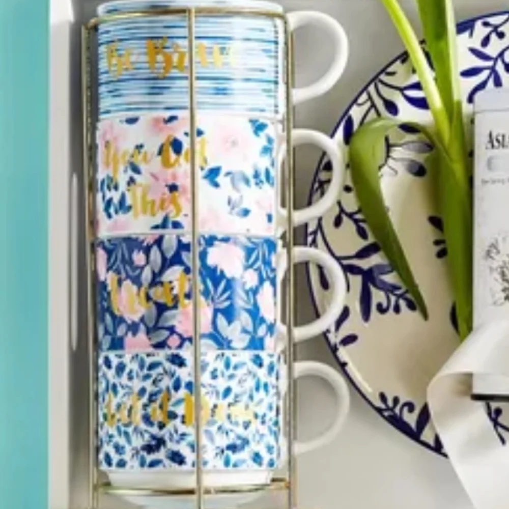 NWT Pier 1 Imports Floral Inspiration Mug Set – Motivational Stackable Design
